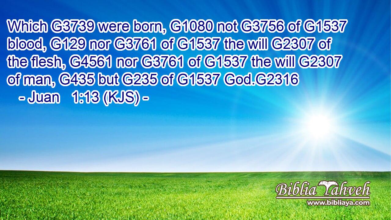 Which G3739 were born, G1080 not G3756 of G1537 blood, G129 nor G3761 of G1537 the will G2307 of the flesh, G4561 nor G3761 of G1537 the will G2307 of man, G435 but G235 of G1537 God.G2316