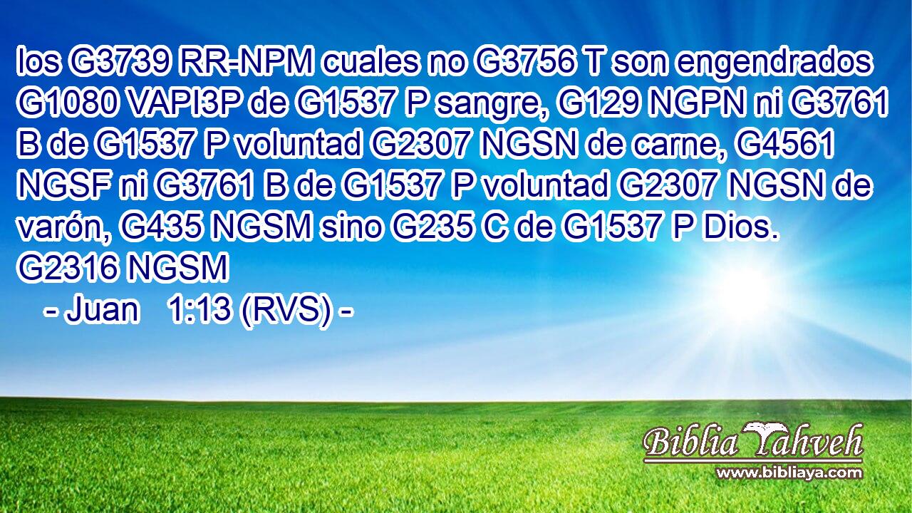 los G3739 RR-NPM cuales no G3756 T son engendrados G1080 VAPI3P de G1537 P sangre, G129 NGPN ni G3761 B de G1537 P voluntad G2307 NGSN de carne, G4561 NGSF ni G3761 B de G1537 P voluntad G2307 NGSN de varón, G435 NGSM sino G235 C de G1537 P Dios. G2316 NGSM 