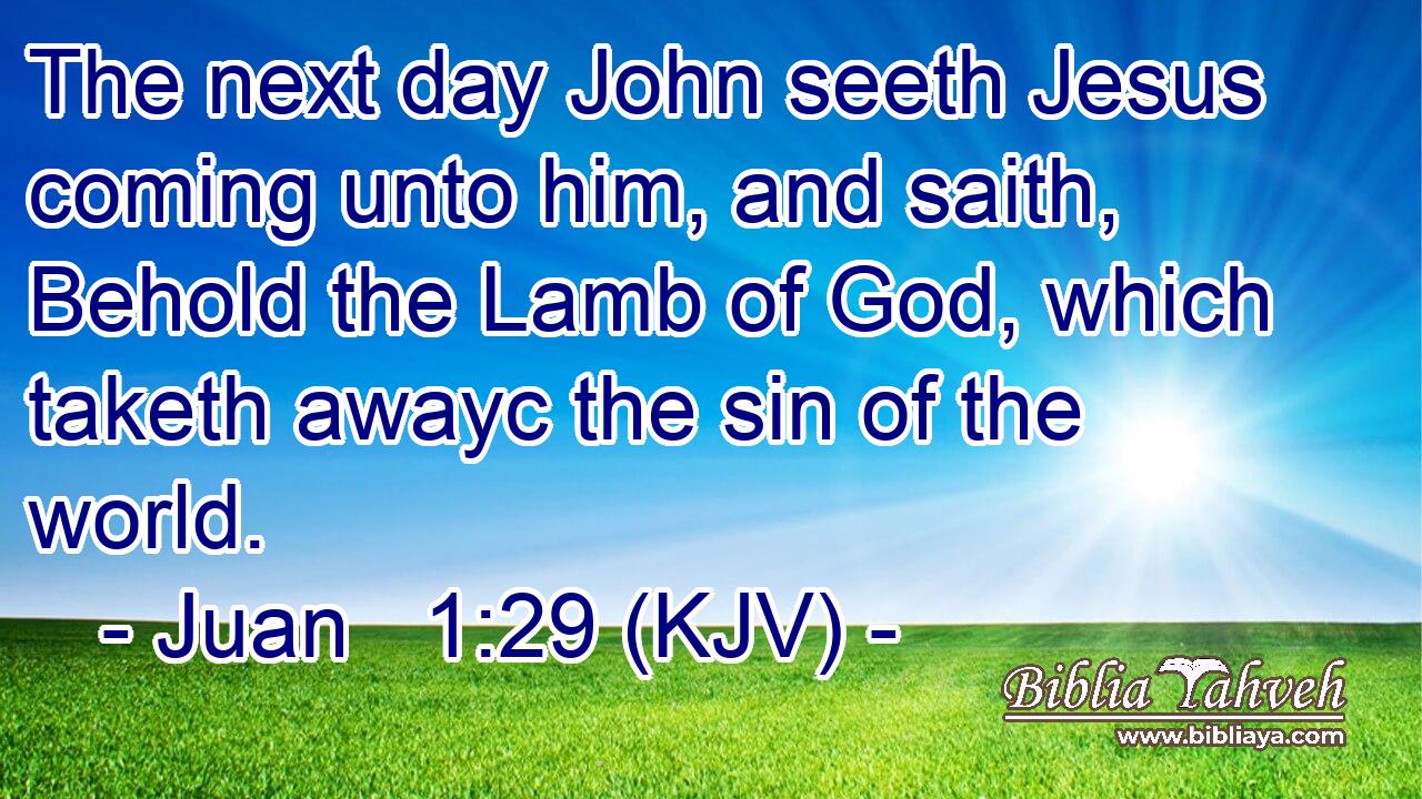 The next day John seeth Jesus coming unto him, and saith, Behold the Lamb of God, which taketh awayc the sin of the world.