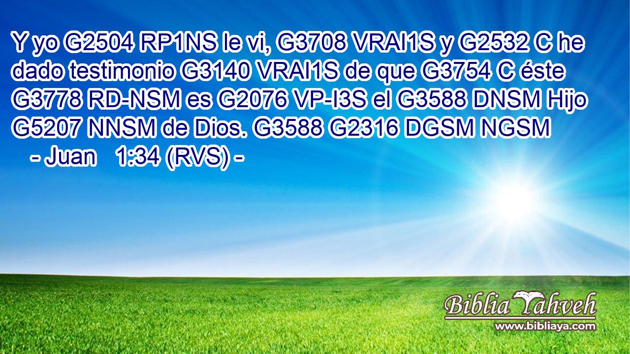 Y yo G2504 RP1NS le vi, G3708 VRAI1S y G2532 C he dado testimonio G3140 VRAI1S de que G3754 C éste G3778 RD-NSM es G2076 VP-I3S el G3588 DNSM Hijo G5207 NNSM de Dios. G3588 G2316 DGSM NGSM 