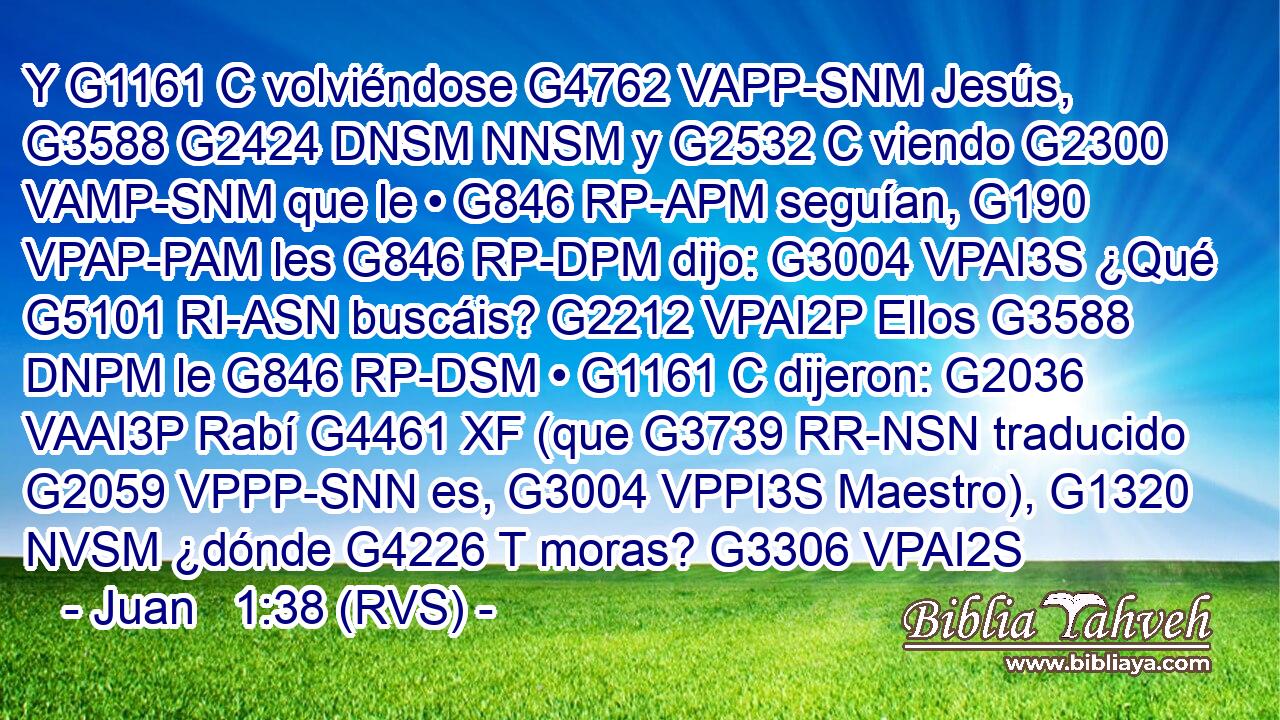 Y G1161 C volviéndose G4762 VAPP-SNM Jesús, G3588 G2424 DNSM NNSM y G2532 C viendo G2300 VAMP-SNM que le • G846 RP-APM seguían, G190 VPAP-PAM les G846 RP-DPM dijo: G3004 VPAI3S ¿Qué G5101 RI-ASN buscáis? G2212 VPAI2P Ellos G3588 DNPM le G846 RP-DSM • G1161 C dijeron: G2036 VAAI3P Rabí G4461 XF (que G3739 RR-NSN traducido G2059 VPPP-SNN es, G3004 VPPI3S Maestro), G1320 NVSM ¿dónde G4226 T moras? G3306 VPAI2S 