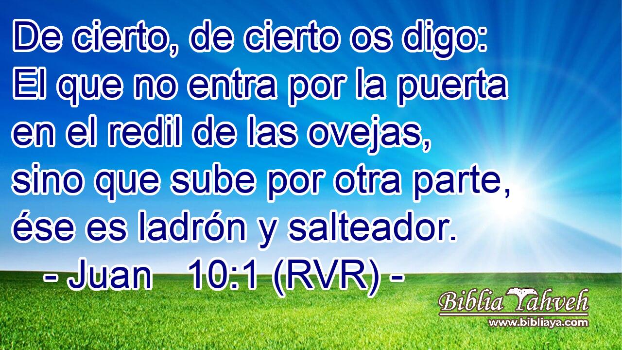 De cierto, de cierto os digo: El que no entra por la puerta en el redil de las ovejas, sino que sube por otra parte, ése es ladrón y salteador.