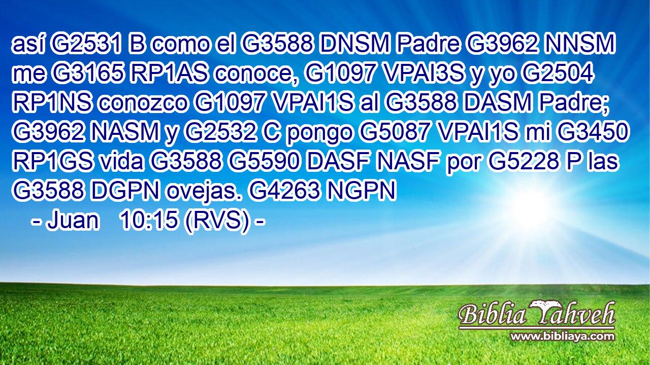 así G2531 B como el G3588 DNSM Padre G3962 NNSM me G3165 RP1AS conoce, G1097 VPAI3S y yo G2504 RP1NS conozco G1097 VPAI1S al G3588 DASM Padre; G3962 NASM y G2532 C pongo G5087 VPAI1S mi G3450 RP1GS vida G3588 G5590 DASF NASF por G5228 P las G3588 DGPN ovejas. G4263 NGPN 