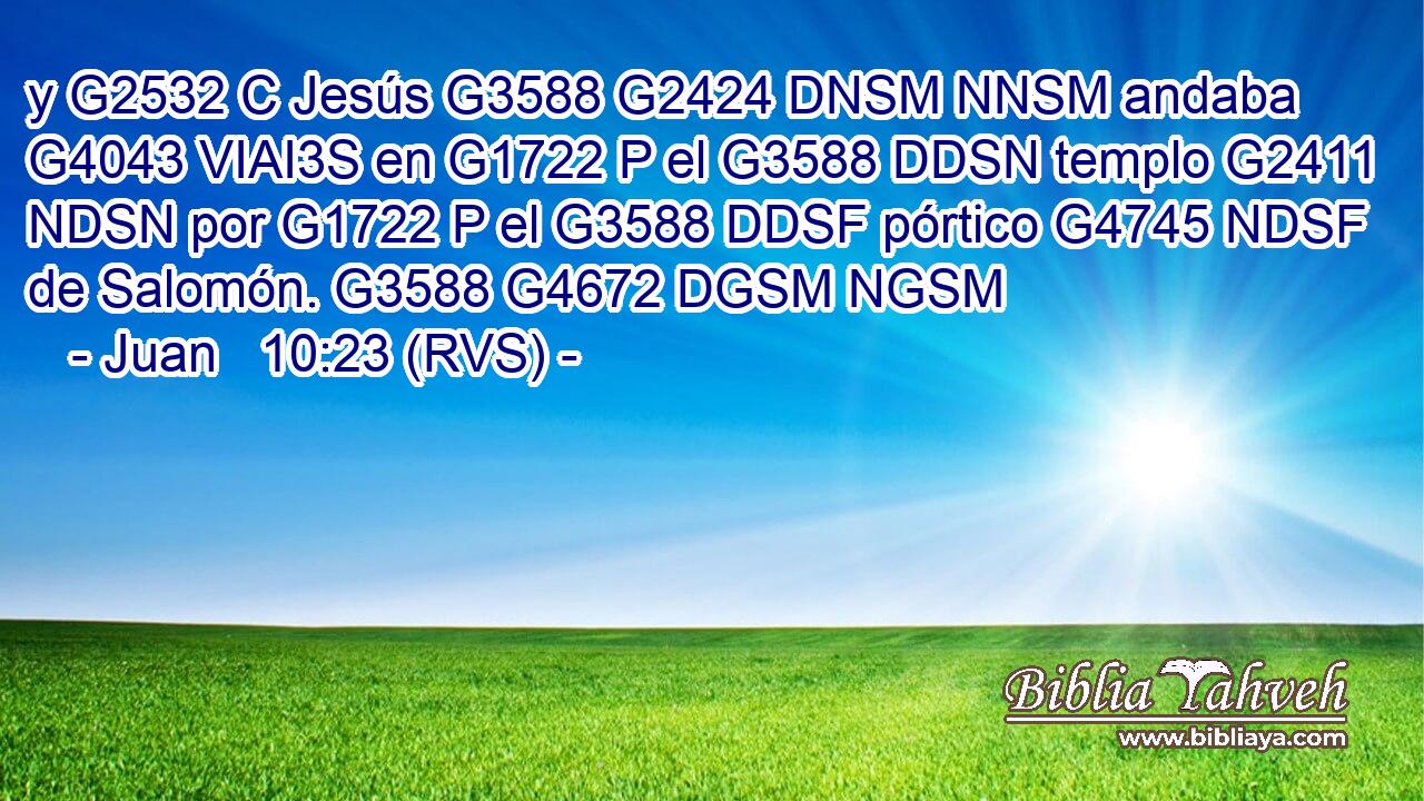 y G2532 C Jesús G3588 G2424 DNSM NNSM andaba G4043 VIAI3S en G1722 P el G3588 DDSN templo G2411 NDSN por G1722 P el G3588 DDSF pórtico G4745 NDSF de Salomón. G3588 G4672 DGSM NGSM 