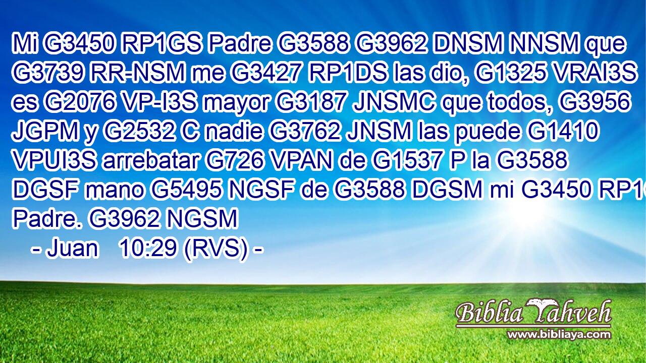 Mi G3450 RP1GS Padre G3588 G3962 DNSM NNSM que G3739 RR-NSM me G3427 RP1DS las dio, G1325 VRAI3S es G2076 VP-I3S mayor G3187 JNSMC que todos, G3956 JGPM y G2532 C nadie G3762 JNSM las puede G1410 VPUI3S arrebatar G726 VPAN de G1537 P la G3588 DGSF mano G5495 NGSF de G3588 DGSM mi G3450 RP1GS Padre. G3962 NGSM 