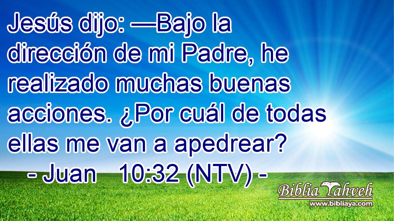 Jesús dijo: —Bajo la dirección de mi Padre, he realizado muchas buenas acciones. ¿Por cuál de todas ellas me van a apedrear?