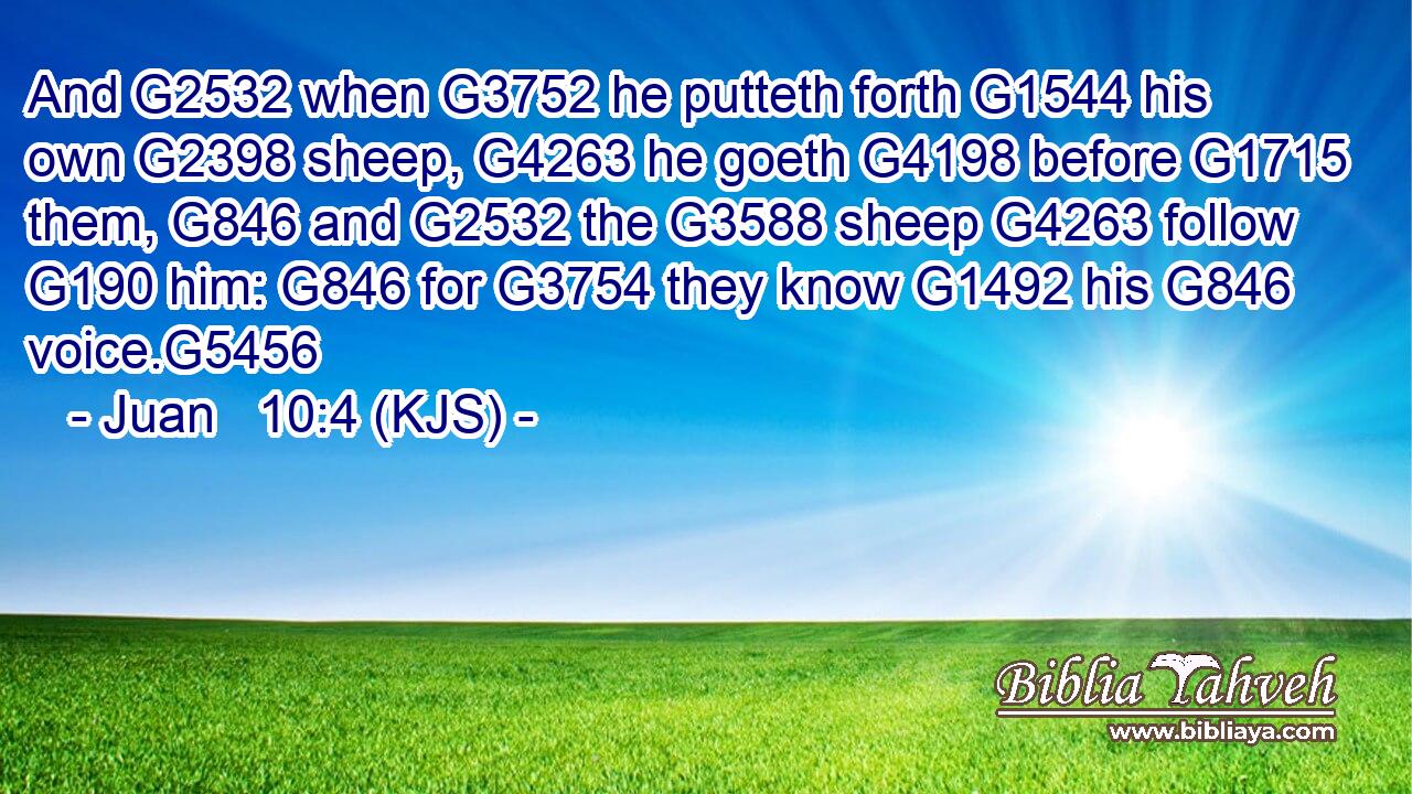 And G2532 when G3752 he putteth forth G1544 his own G2398 sheep, G4263 he goeth G4198 before G1715 them, G846 and G2532 the G3588 sheep G4263 follow G190 him: G846 for G3754 they know G1492 his G846 voice.G5456