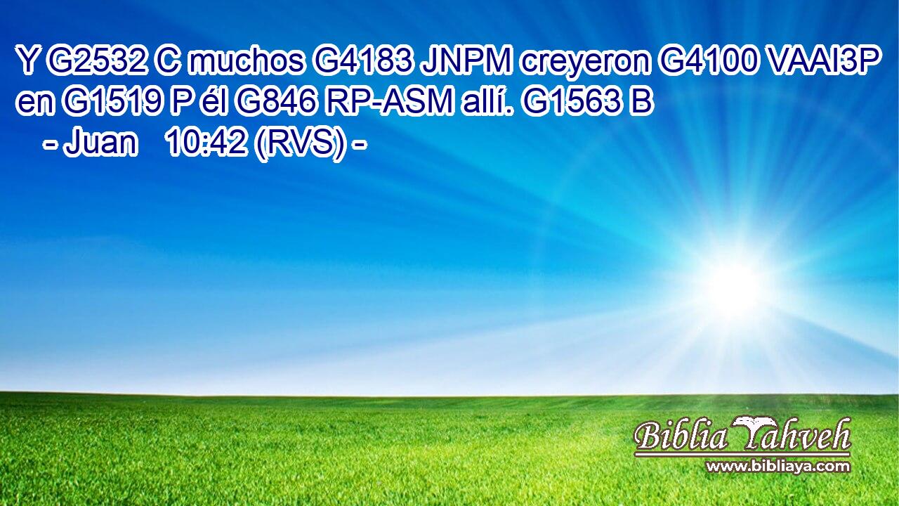 Y G2532 C muchos G4183 JNPM creyeron G4100 VAAI3P en G1519 P él G846 RP-ASM allí. G1563 B 