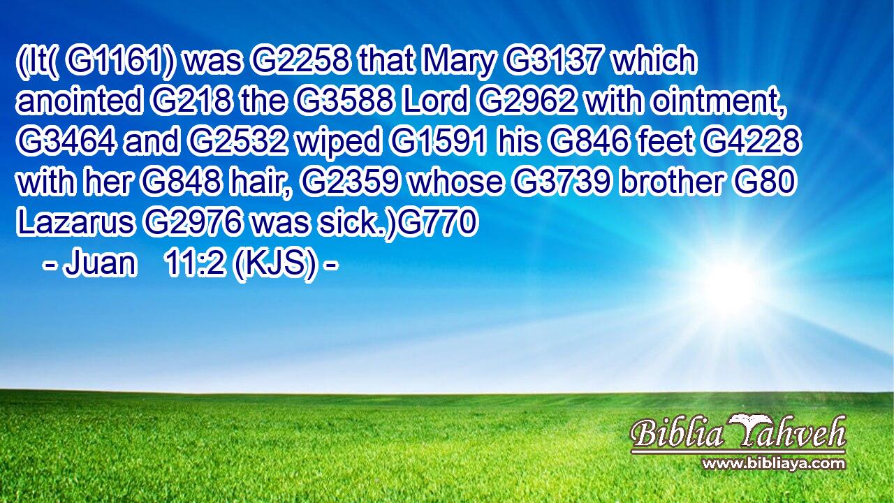 (It( G1161) was G2258 that Mary G3137 which anointed G218 the G3588 Lord G2962 with ointment, G3464 and G2532 wiped G1591 his G846 feet G4228 with her G848 hair, G2359 whose G3739 brother G80 Lazarus G2976 was sick.)G770