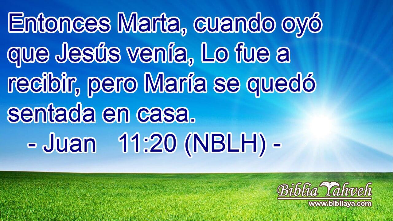  Entonces Marta, cuando oyó que Jesús venía, Lo fue a recibir, pero María se quedó sentada en casa. 