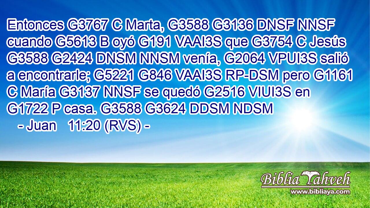 Entonces G3767 C Marta, G3588 G3136 DNSF NNSF cuando G5613 B oyó G191 VAAI3S que G3754 C Jesús G3588 G2424 DNSM NNSM venía, G2064 VPUI3S salió a encontrarle; G5221 G846 VAAI3S RP-DSM pero G1161 C María G3137 NNSF se quedó G2516 VIUI3S en G1722 P casa. G3588 G3624 DDSM NDSM 
