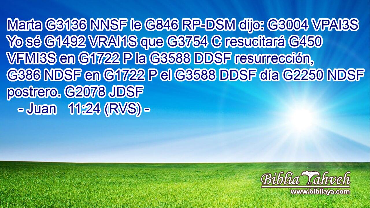 Marta G3136 NNSF le G846 RP-DSM dijo: G3004 VPAI3S Yo sé G1492 VRAI1S que G3754 C resucitará G450 VFMI3S en G1722 P la G3588 DDSF resurrección, G386 NDSF en G1722 P el G3588 DDSF día G2250 NDSF postrero. G2078 JDSF 