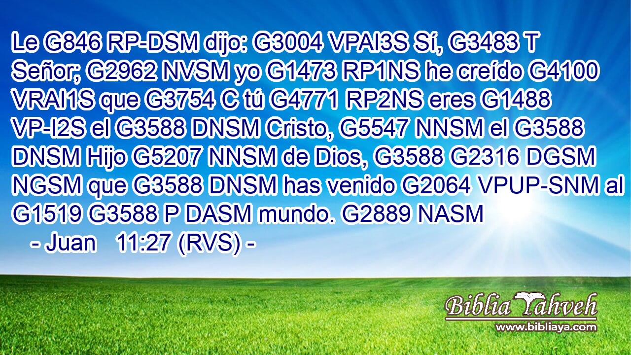 Le G846 RP-DSM dijo: G3004 VPAI3S Sí, G3483 T Señor; G2962 NVSM yo G1473 RP1NS he creído G4100 VRAI1S que G3754 C tú G4771 RP2NS eres G1488 VP-I2S el G3588 DNSM Cristo, G5547 NNSM el G3588 DNSM Hijo G5207 NNSM de Dios, G3588 G2316 DGSM NGSM que G3588 DNSM has venido G2064 VPUP-SNM al G1519 G3588 P DASM mundo. G2889 NASM 