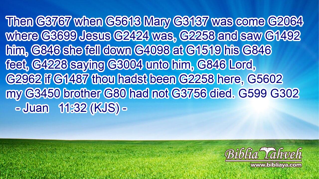 Then G3767 when G5613 Mary G3137 was come G2064 where G3699 Jesus G2424 was, G2258 and saw G1492 him, G846 she fell down G4098 at G1519 his G846 feet, G4228 saying G3004 unto him, G846 Lord, G2962 if G1487 thou hadst been G2258 here, G5602 my G3450 brother G80 had not G3756 died. G599 G302
