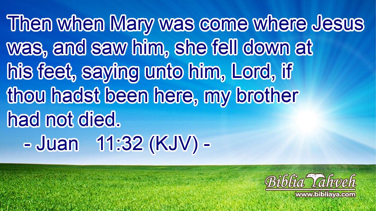 Then when Mary was come where Jesus was, and saw him, she fell down at his feet, saying unto him, Lord, if thou hadst been here, my brother had not died.