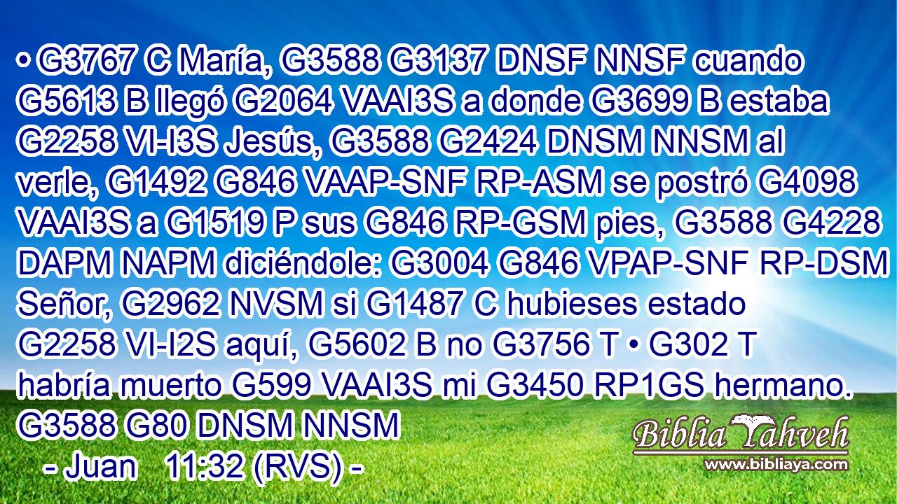 • G3767 C María, G3588 G3137 DNSF NNSF cuando G5613 B llegó G2064 VAAI3S a donde G3699 B estaba G2258 VI-I3S Jesús, G3588 G2424 DNSM NNSM al verle, G1492 G846 VAAP-SNF RP-ASM se postró G4098 VAAI3S a G1519 P sus G846 RP-GSM pies, G3588 G4228 DAPM NAPM diciéndole: G3004 G846 VPAP-SNF RP-DSM Señor, G2962 NVSM si G1487 C hubieses estado G2258 VI-I2S aquí, G5602 B no G3756 T • G302 T habría muerto G599 VAAI3S mi G3450 RP1GS hermano. G3588 G80 DNSM NNSM 
