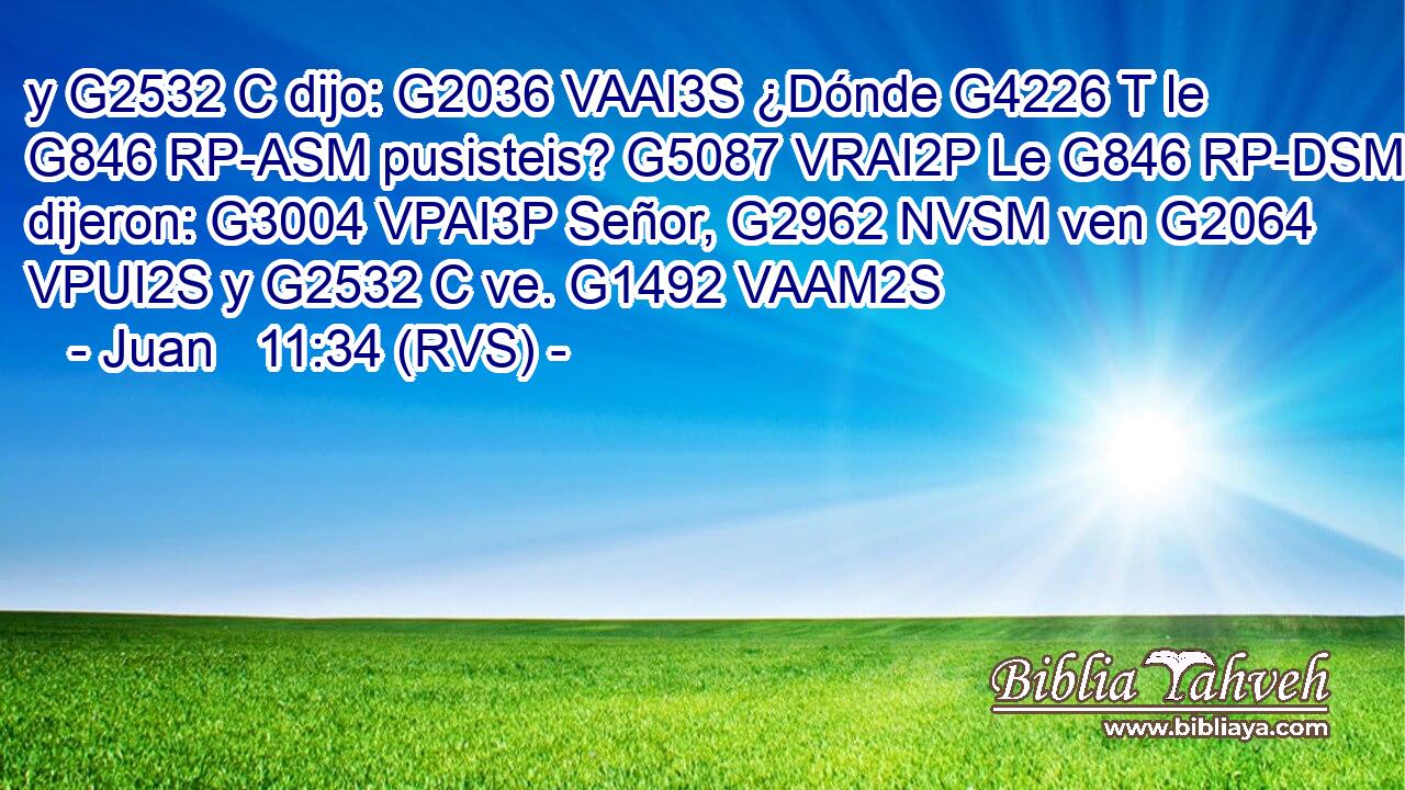 y G2532 C dijo: G2036 VAAI3S ¿Dónde G4226 T le G846 RP-ASM pusisteis? G5087 VRAI2P Le G846 RP-DSM dijeron: G3004 VPAI3P Señor, G2962 NVSM ven G2064 VPUI2S y G2532 C ve. G1492 VAAM2S 