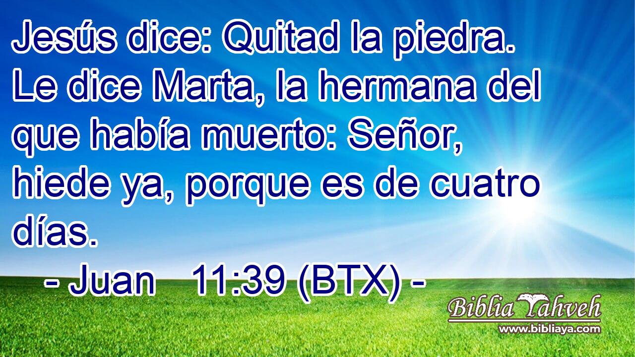 Jesús dice: Quitad la piedra. Le dice Marta, la hermana del que había muerto: Señor, hiede ya, porque es de cuatro días.