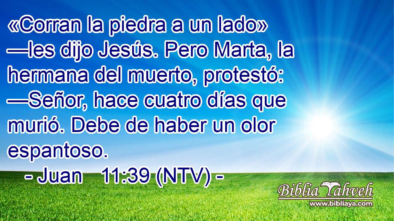 «Corran la piedra a un lado» —les dijo Jesús. Pero Marta, la hermana del muerto, protestó: —Señor, hace cuatro días que murió. Debe de haber un olor espantoso.