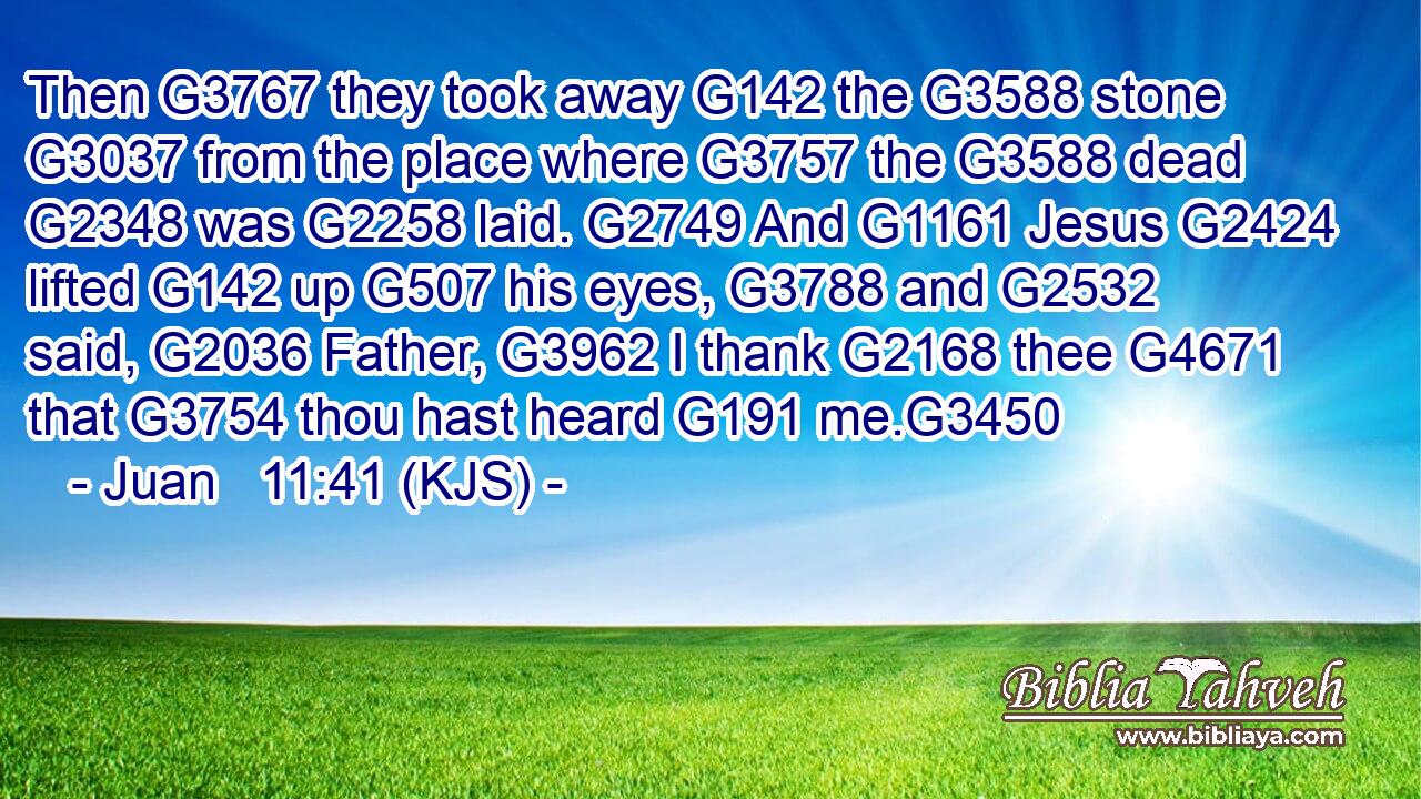 Then G3767 they took away G142 the G3588 stone G3037 from the place where G3757 the G3588 dead G2348 was G2258 laid. G2749 And G1161 Jesus G2424 lifted G142 up G507 his eyes, G3788 and G2532 said, G2036 Father, G3962 I thank G2168 thee G4671 that G3754 thou hast heard G191 me.G3450