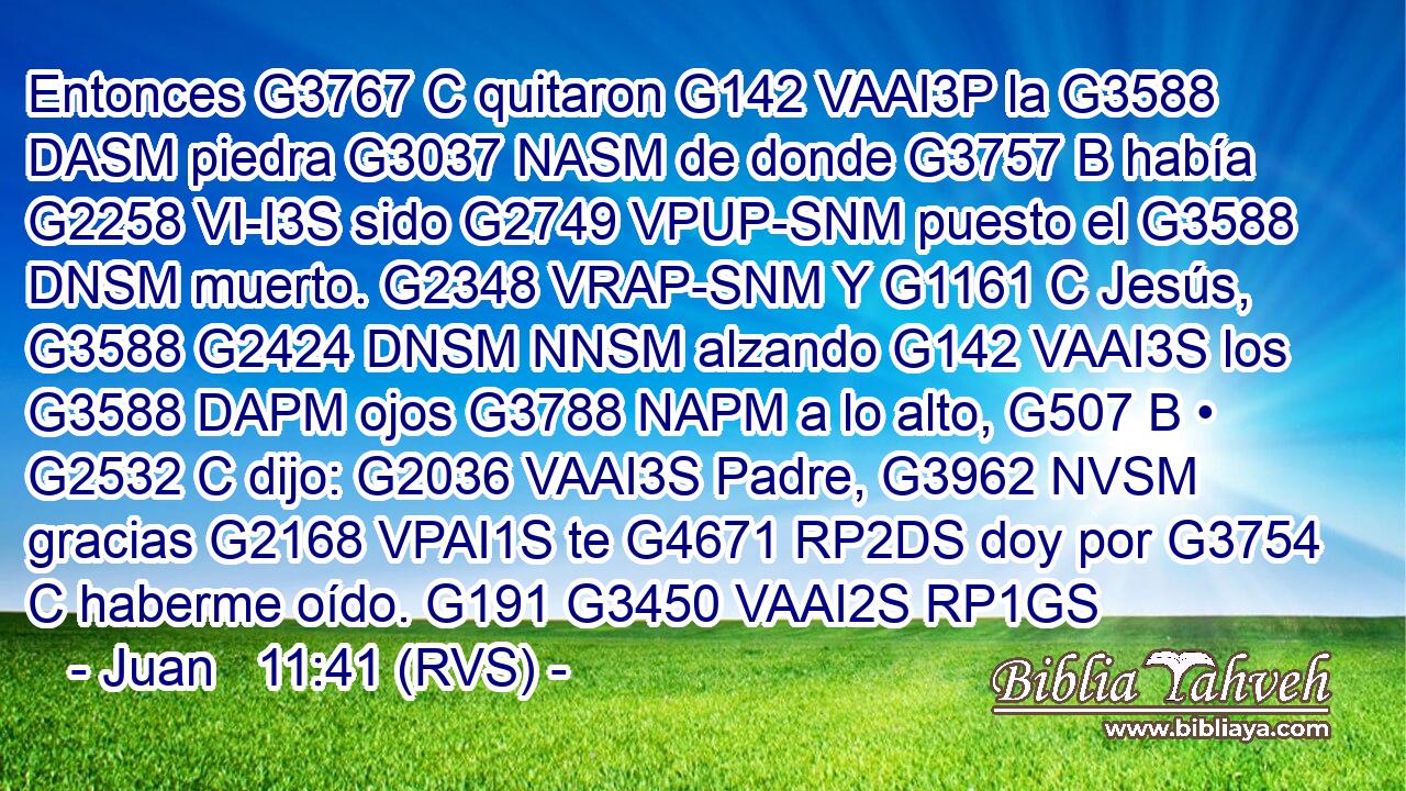 Entonces G3767 C quitaron G142 VAAI3P la G3588 DASM piedra G3037 NASM de donde G3757 B había G2258 VI-I3S sido G2749 VPUP-SNM puesto el G3588 DNSM muerto. G2348 VRAP-SNM Y G1161 C Jesús, G3588 G2424 DNSM NNSM alzando G142 VAAI3S los G3588 DAPM ojos G3788 NAPM a lo alto, G507 B • G2532 C dijo: G2036 VAAI3S Padre, G3962 NVSM gracias G2168 VPAI1S te G4671 RP2DS doy por G3754 C haberme oído. G191 G3450 VAAI2S RP1GS 