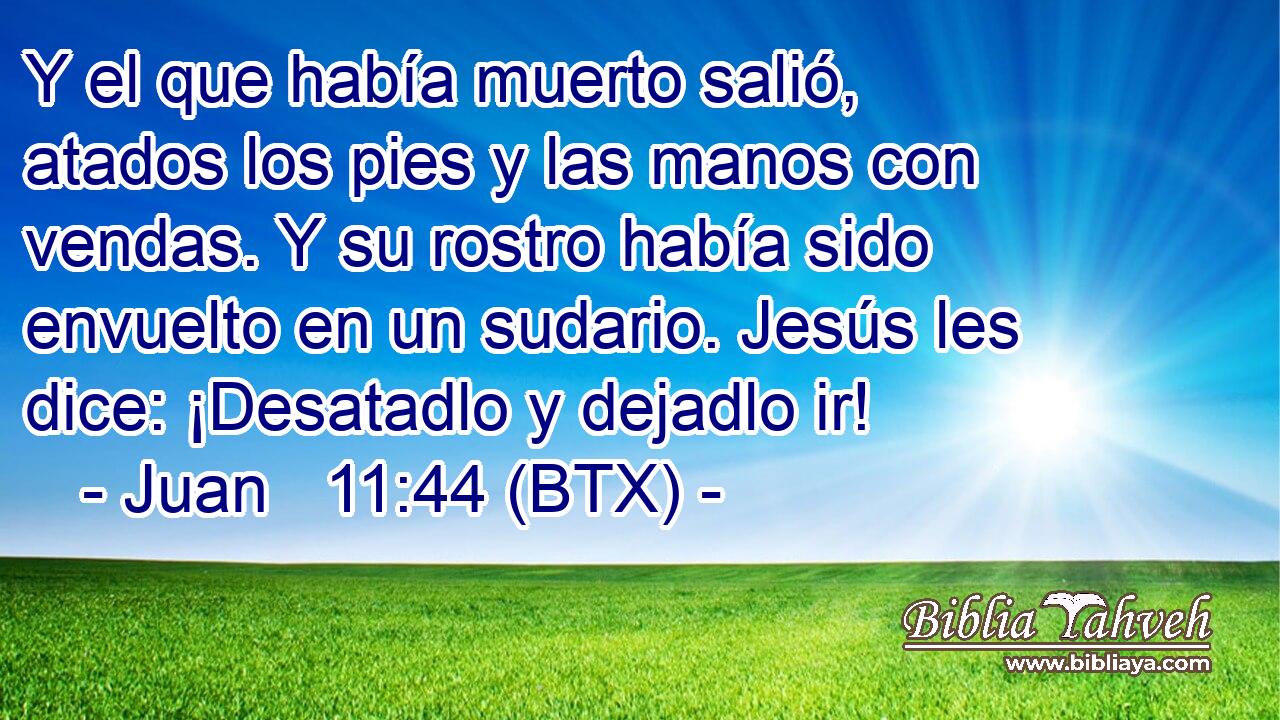 Y el que había muerto salió, atados los pies y las manos con vendas. Y su rostro había sido envuelto en un sudario. Jesús les dice: ¡Desatadlo y dejadlo ir!