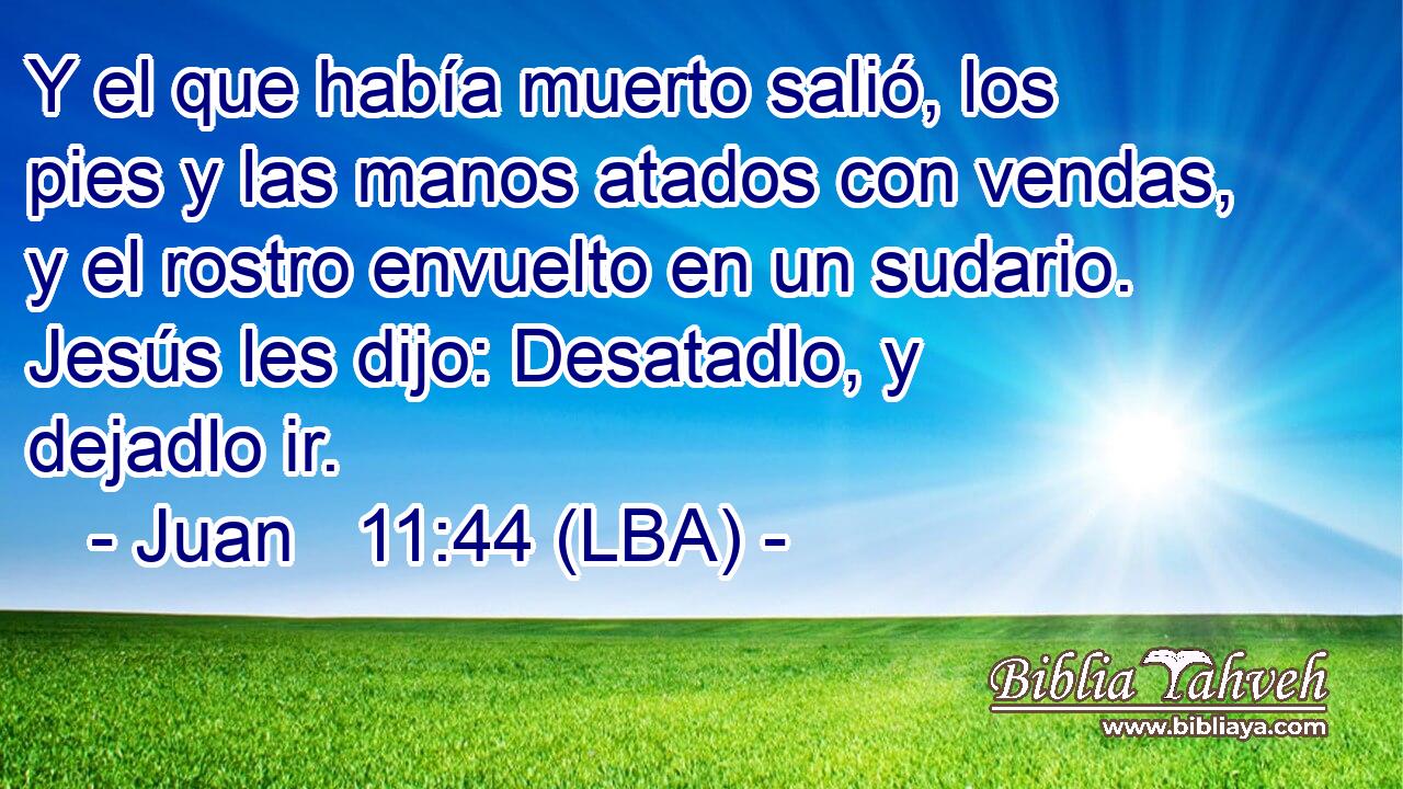 Y el que había muerto salió, los pies y las manos atados con vendas, y el rostro envuelto en un sudario. Jesús les dijo: Desatadlo, y dejadlo ir.