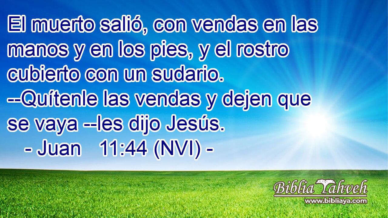  El muerto salió, con vendas en las manos y en los pies, y el rostro cubierto con un sudario. --Quítenle las vendas y dejen que se vaya --les dijo Jesús. 
