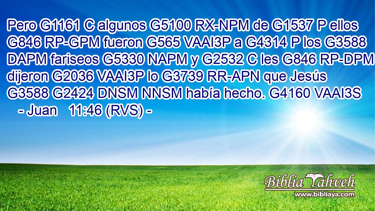 Pero G1161 C algunos G5100 RX-NPM de G1537 P ellos G846 RP-GPM fueron G565 VAAI3P a G4314 P los G3588 DAPM fariseos G5330 NAPM y G2532 C les G846 RP-DPM dijeron G2036 VAAI3P lo G3739 RR-APN que Jesús G3588 G2424 DNSM NNSM había hecho. G4160 VAAI3S 