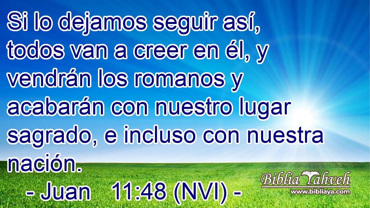  Si lo dejamos seguir así, todos van a creer en él, y vendrán los romanos y acabarán con nuestro lugar sagrado, e incluso con nuestra nación. 