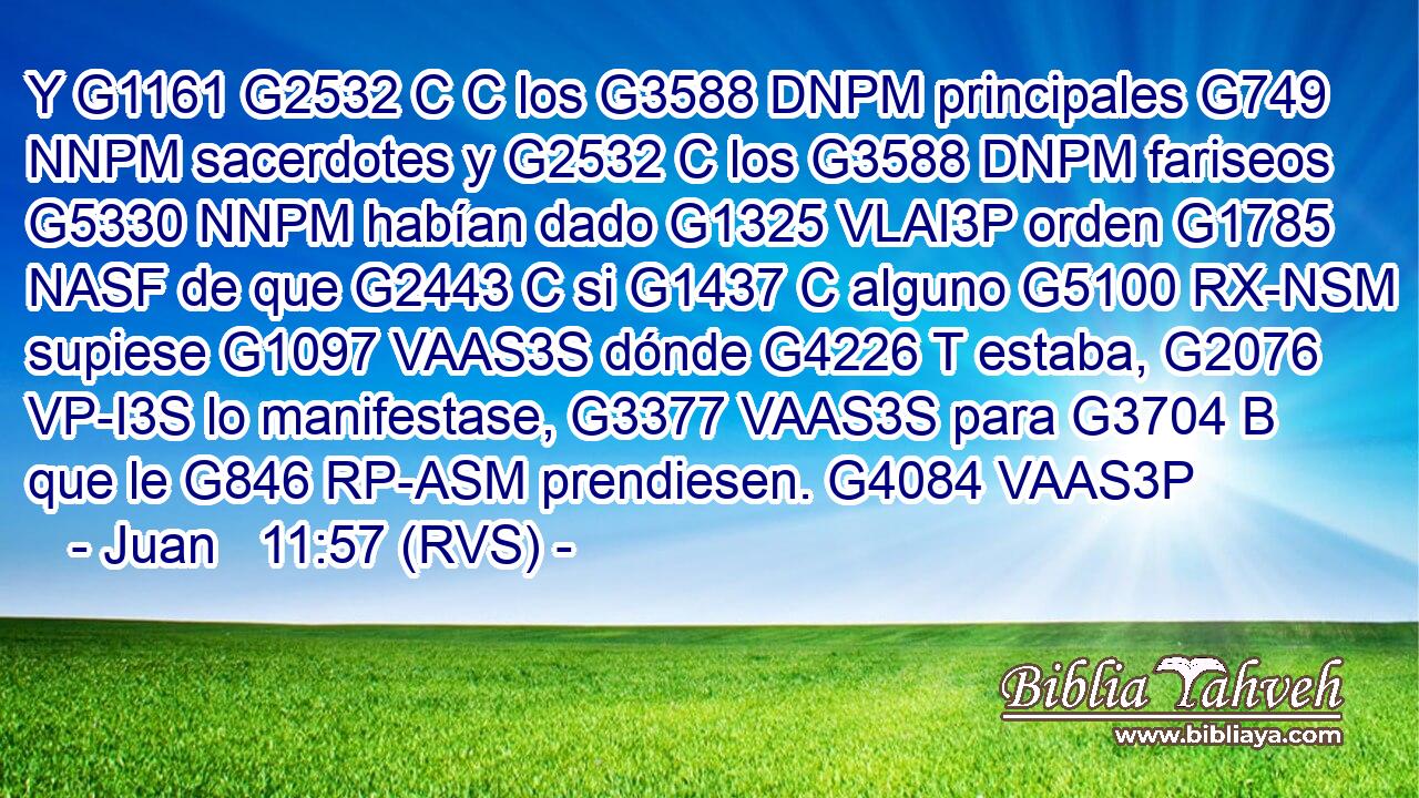 Y G1161 G2532 C C los G3588 DNPM principales G749 NNPM sacerdotes y G2532 C los G3588 DNPM fariseos G5330 NNPM habían dado G1325 VLAI3P orden G1785 NASF de que G2443 C si G1437 C alguno G5100 RX-NSM supiese G1097 VAAS3S dónde G4226 T estaba, G2076 VP-I3S lo manifestase, G3377 VAAS3S para G3704 B que le G846 RP-ASM prendiesen. G4084 VAAS3P 