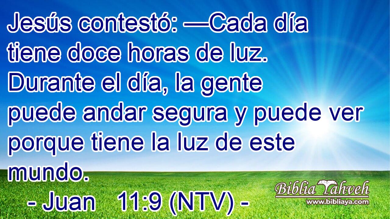 Jesús contestó: —Cada día tiene doce horas de luz. Durante el día, la gente puede andar segura y puede ver porque tiene la luz de este mundo.