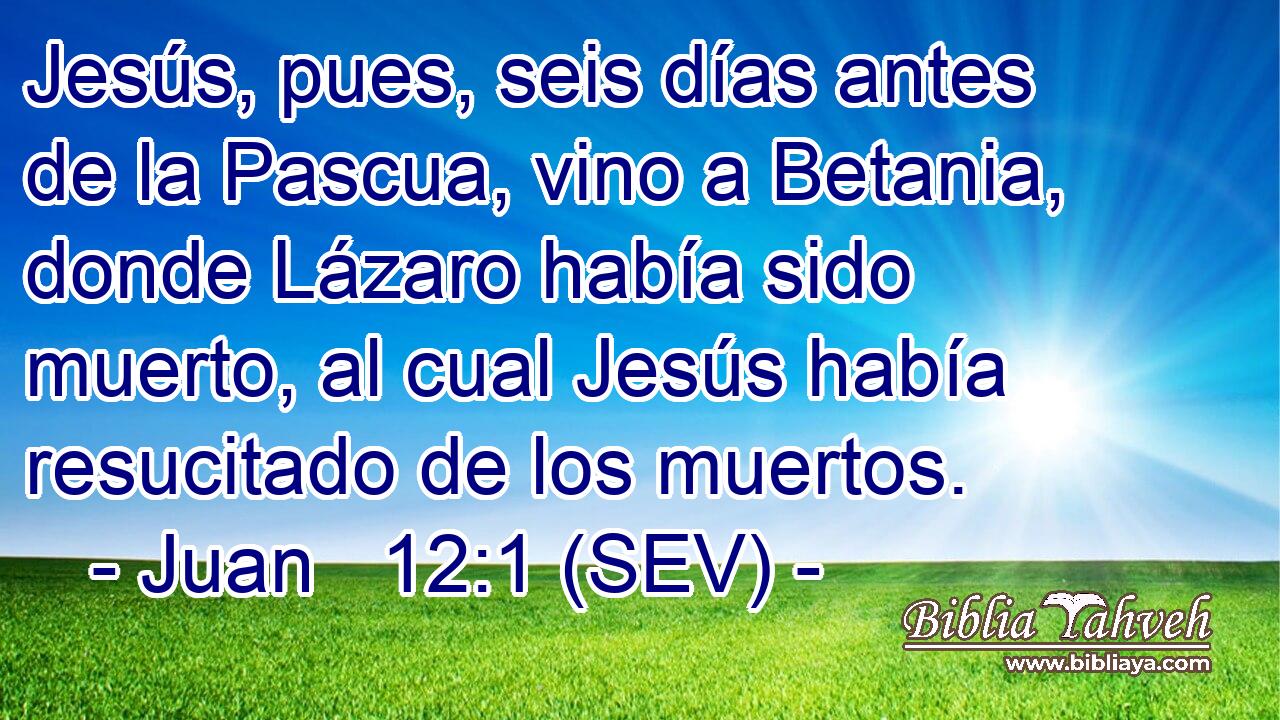 Jesús, pues, seis días antes de la Pascua, vino a Betania, donde Lázaro había sido muerto, al cual Jesús había resucitado de los muertos.