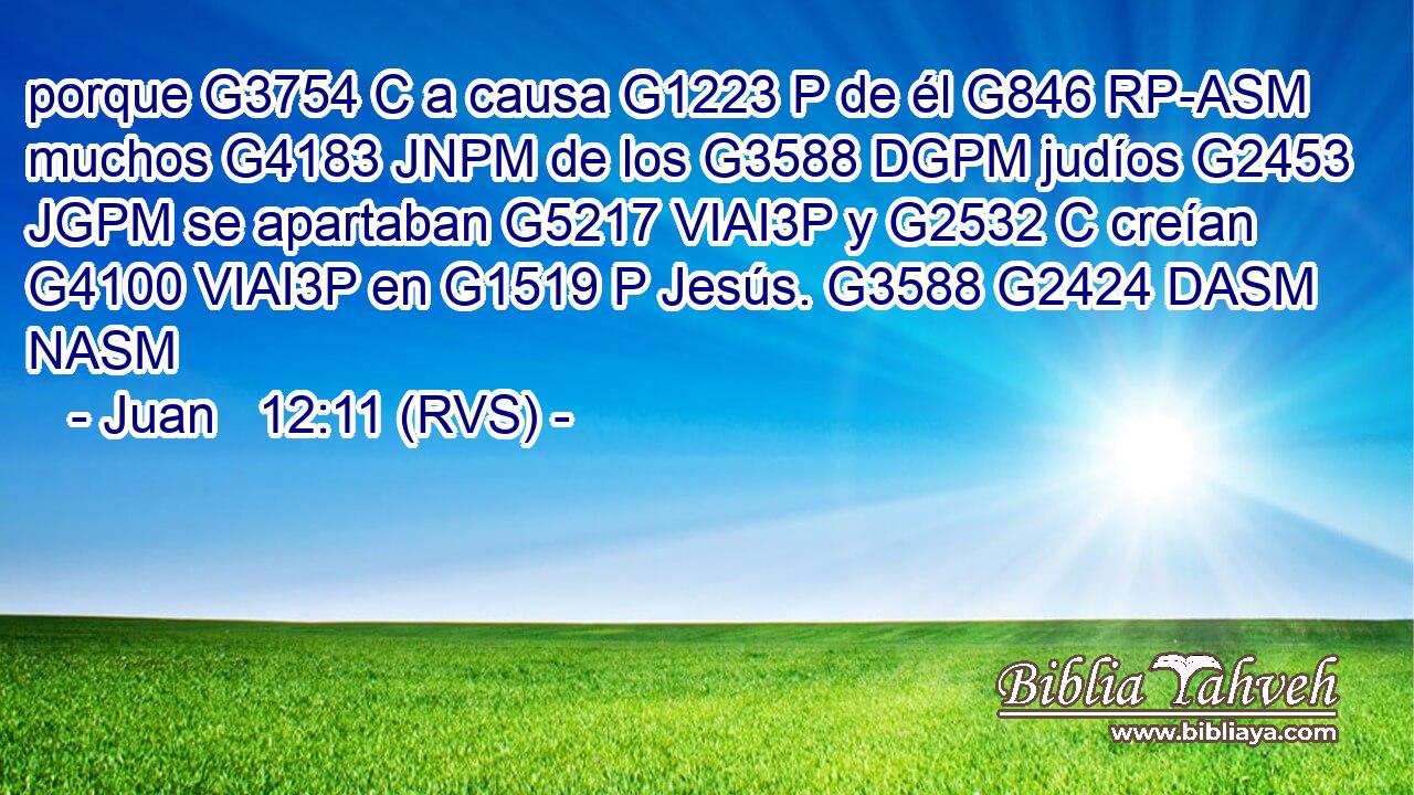 porque G3754 C a causa G1223 P de él G846 RP-ASM muchos G4183 JNPM de los G3588 DGPM judíos G2453 JGPM se apartaban G5217 VIAI3P y G2532 C creían G4100 VIAI3P en G1519 P Jesús. G3588 G2424 DASM NASM 