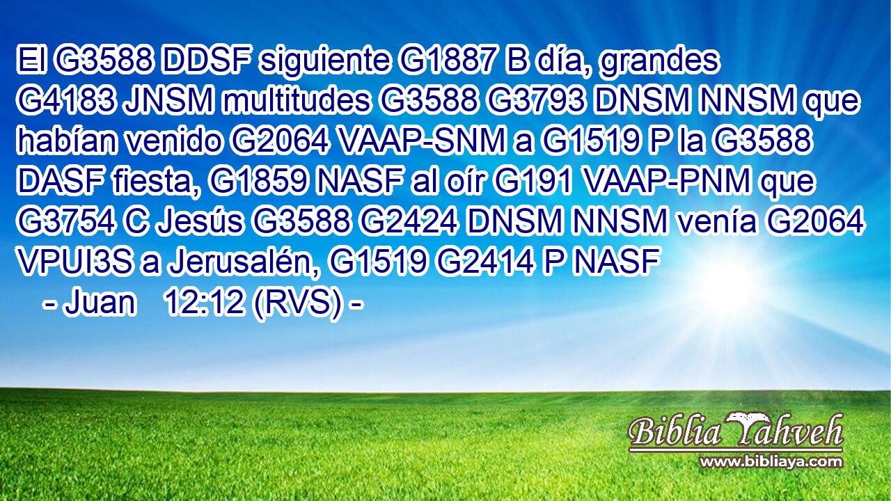 El G3588 DDSF siguiente G1887 B día, grandes G4183 JNSM multitudes G3588 G3793 DNSM NNSM que habían venido G2064 VAAP-SNM a G1519 P la G3588 DASF fiesta, G1859 NASF al oír G191 VAAP-PNM que G3754 C Jesús G3588 G2424 DNSM NNSM venía G2064 VPUI3S a Jerusalén, G1519 G2414 P NASF 