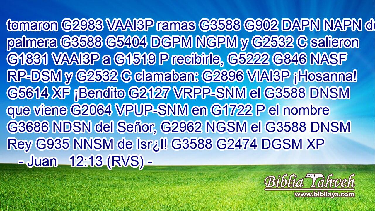 tomaron G2983 VAAI3P ramas G3588 G902 DAPN NAPN de palmera G3588 G5404 DGPM NGPM y G2532 C salieron G1831 VAAI3P a G1519 P recibirle, G5222 G846 NASF RP-DSM y G2532 C clamaban: G2896 VIAI3P ¡Hosanna! G5614 XF ¡Bendito G2127 VRPP-SNM el G3588 DNSM que viene G2064 VPUP-SNM en G1722 P el nombre G3686 NDSN del Señor, G2962 NGSM el G3588 DNSM Rey G935 NNSM de Isr¿l! G3588 G2474 DGSM XP 