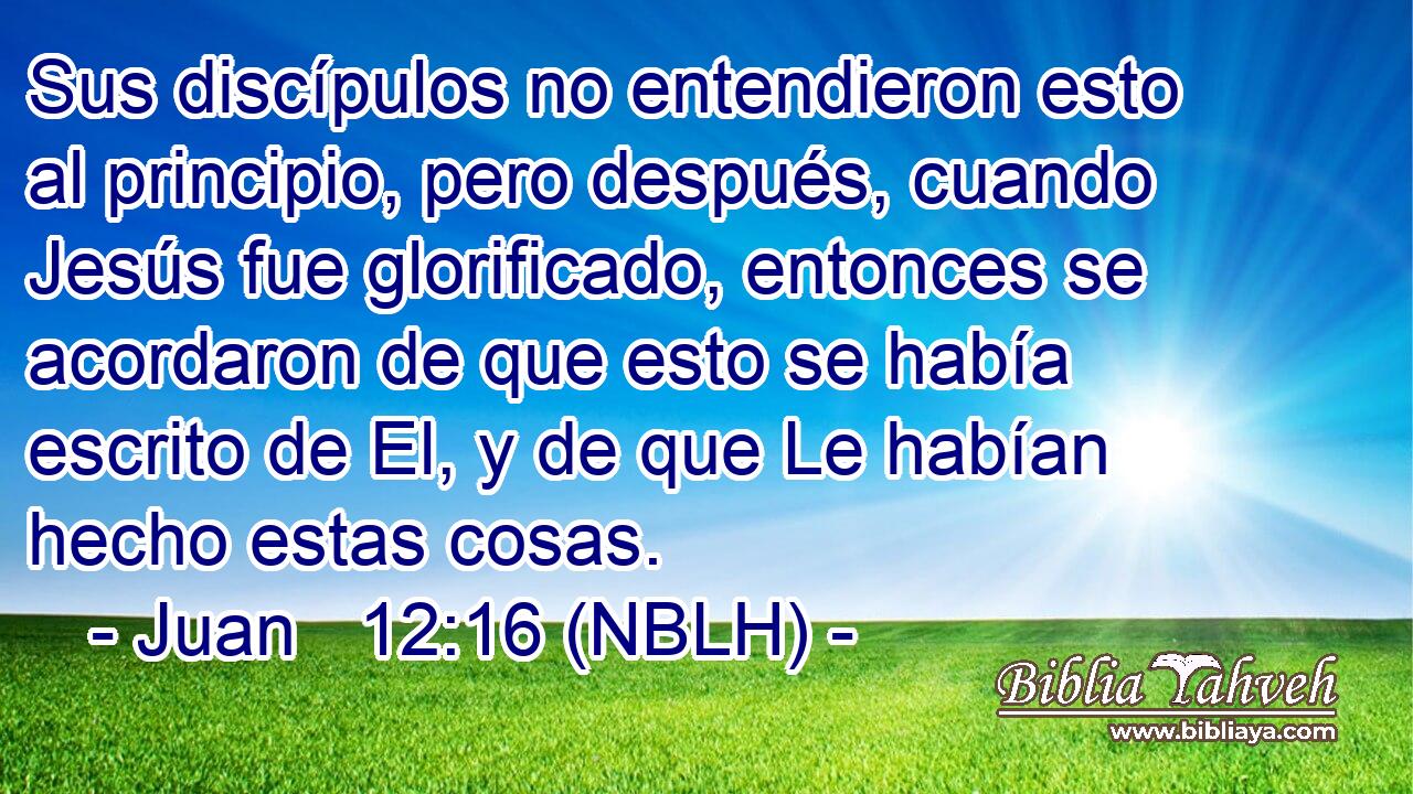  Sus discípulos no entendieron esto al principio, pero después, cuando Jesús fue glorificado, entonces se acordaron de que esto se había escrito de El, y de que Le habían hecho estas cosas. 