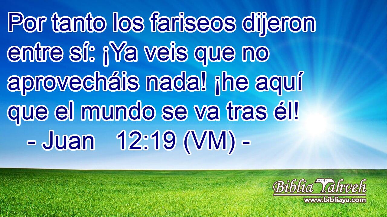  Por tanto los fariseos dijeron entre sí: ¡Ya veis que no aprovecháis nada! ¡he aquí que el mundo se va tras él! 