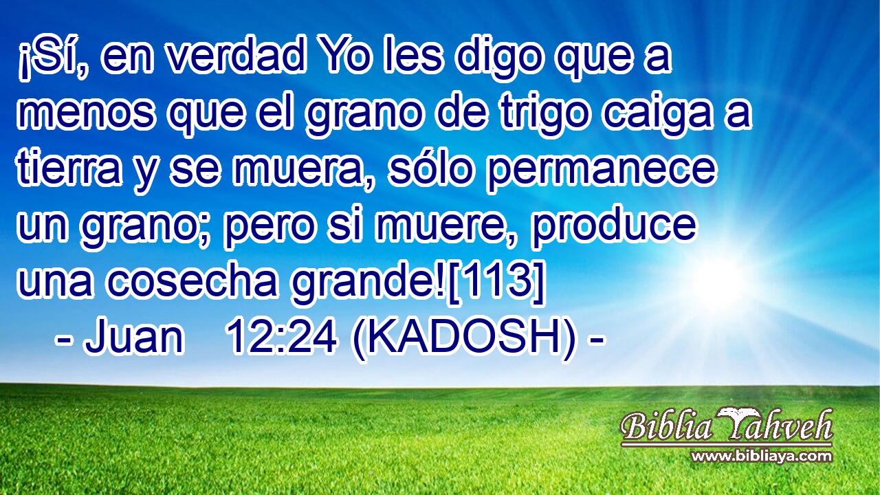  ¡Sí, en verdad Yo les digo que a menos que el grano de trigo caiga a tierra y se muera, sólo permanece un grano; pero si muere, produce una cosecha grande![113] 