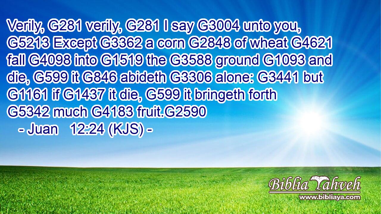 Verily, G281 verily, G281 I say G3004 unto you, G5213 Except G3362 a corn G2848 of wheat G4621 fall G4098 into G1519 the G3588 ground G1093 and die, G599 it G846 abideth G3306 alone: G3441 but G1161 if G1437 it die, G599 it bringeth forth G5342 much G4183 fruit.G2590