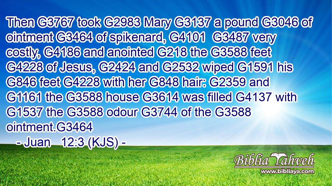 Then G3767 took G2983 Mary G3137 a pound G3046 of ointment G3464 of spikenard, G4101  G3487 very costly, G4186 and anointed G218 the G3588 feet G4228 of Jesus, G2424 and G2532 wiped G1591 his G846 feet G4228 with her G848 hair: G2359 and G1161 the G3588 house G3614 was filled G4137 with G1537 the G3588 odour G3744 of the G3588 ointment.G3464