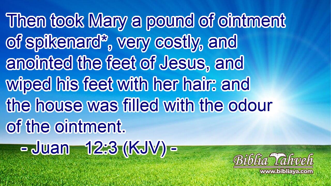 Then took Mary a pound of ointment of spikenard*, very costly, and anointed the feet of Jesus, and wiped his feet with her hair: and the house was filled with the odour of the ointment.