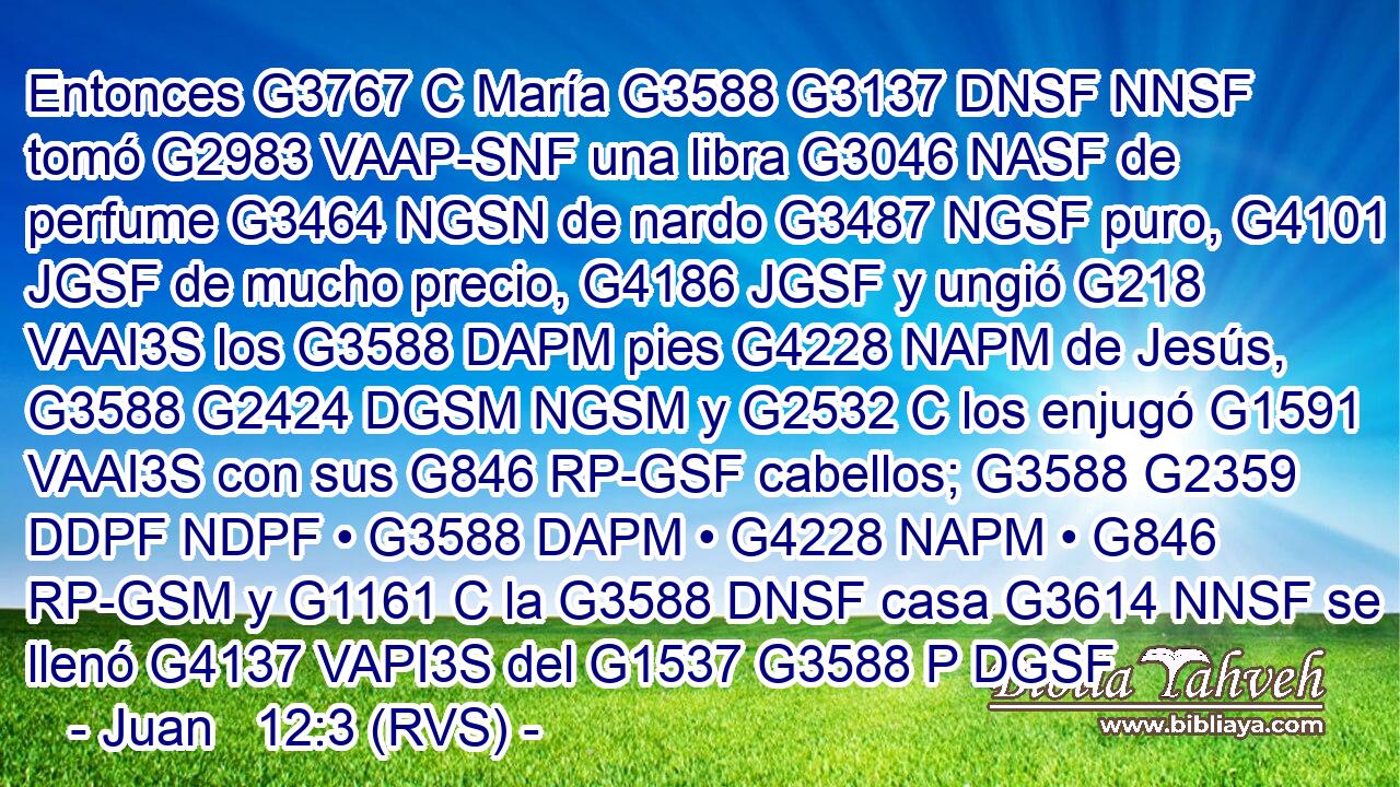 Entonces G3767 C María G3588 G3137 DNSF NNSF tomó G2983 VAAP-SNF una libra G3046 NASF de perfume G3464 NGSN de nardo G3487 NGSF puro, G4101 JGSF de mucho precio, G4186 JGSF y ungió G218 VAAI3S los G3588 DAPM pies G4228 NAPM de Jesús, G3588 G2424 DGSM NGSM y G2532 C los enjugó G1591 VAAI3S con sus G846 RP-GSF cabellos; G3588 G2359 DDPF NDPF • G3588 DAPM • G4228 NAPM • G846 RP-GSM y G1161 C la G3588 DNSF casa G3614 NNSF se llenó G4137 VAPI3S del G1537 G3588 P DGSF