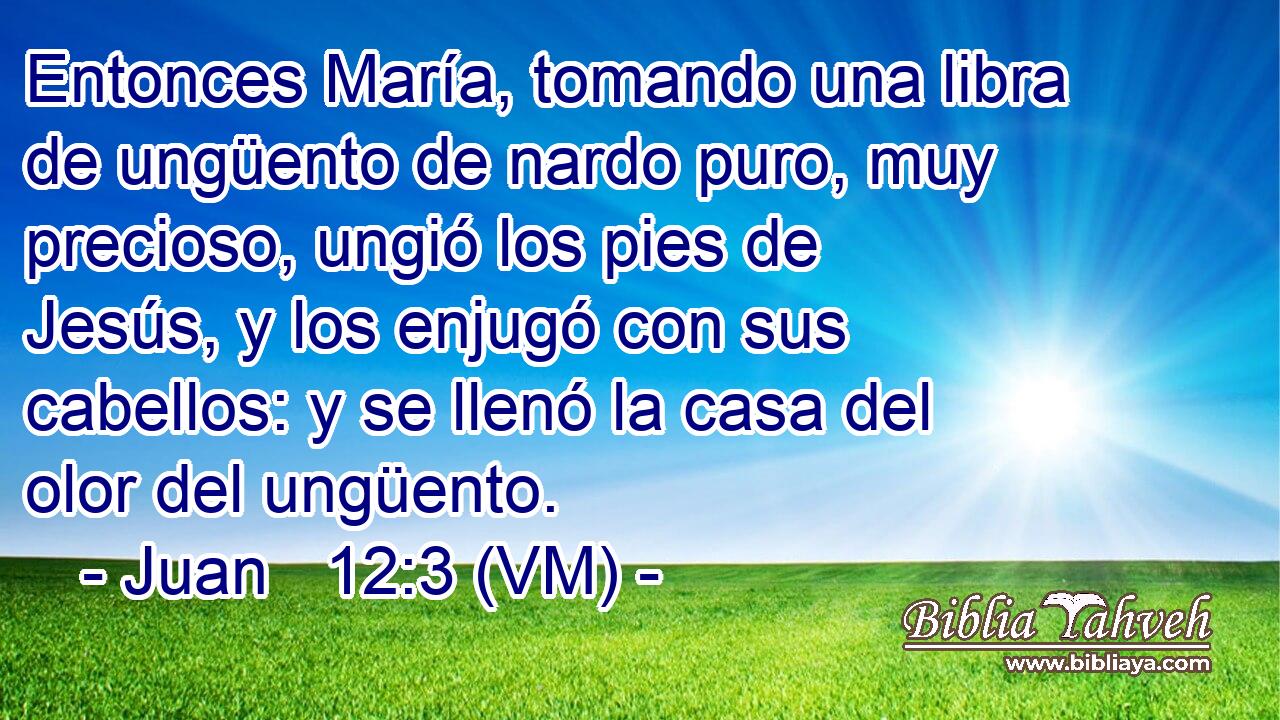  Entonces María, tomando una libra de ungüento de nardo puro, muy precioso, ungió los pies de Jesús, y los enjugó con sus cabellos: y se llenó la casa del olor del ungüento. 