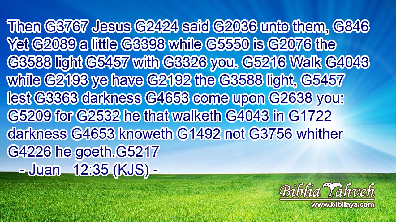 Then G3767 Jesus G2424 said G2036 unto them, G846 Yet G2089 a little G3398 while G5550 is G2076 the G3588 light G5457 with G3326 you. G5216 Walk G4043 while G2193 ye have G2192 the G3588 light, G5457 lest G3363 darkness G4653 come upon G2638 you: G5209 for G2532 he that walketh G4043 in G1722 darkness G4653 knoweth G1492 not G3756 whither G4226 he goeth.G5217