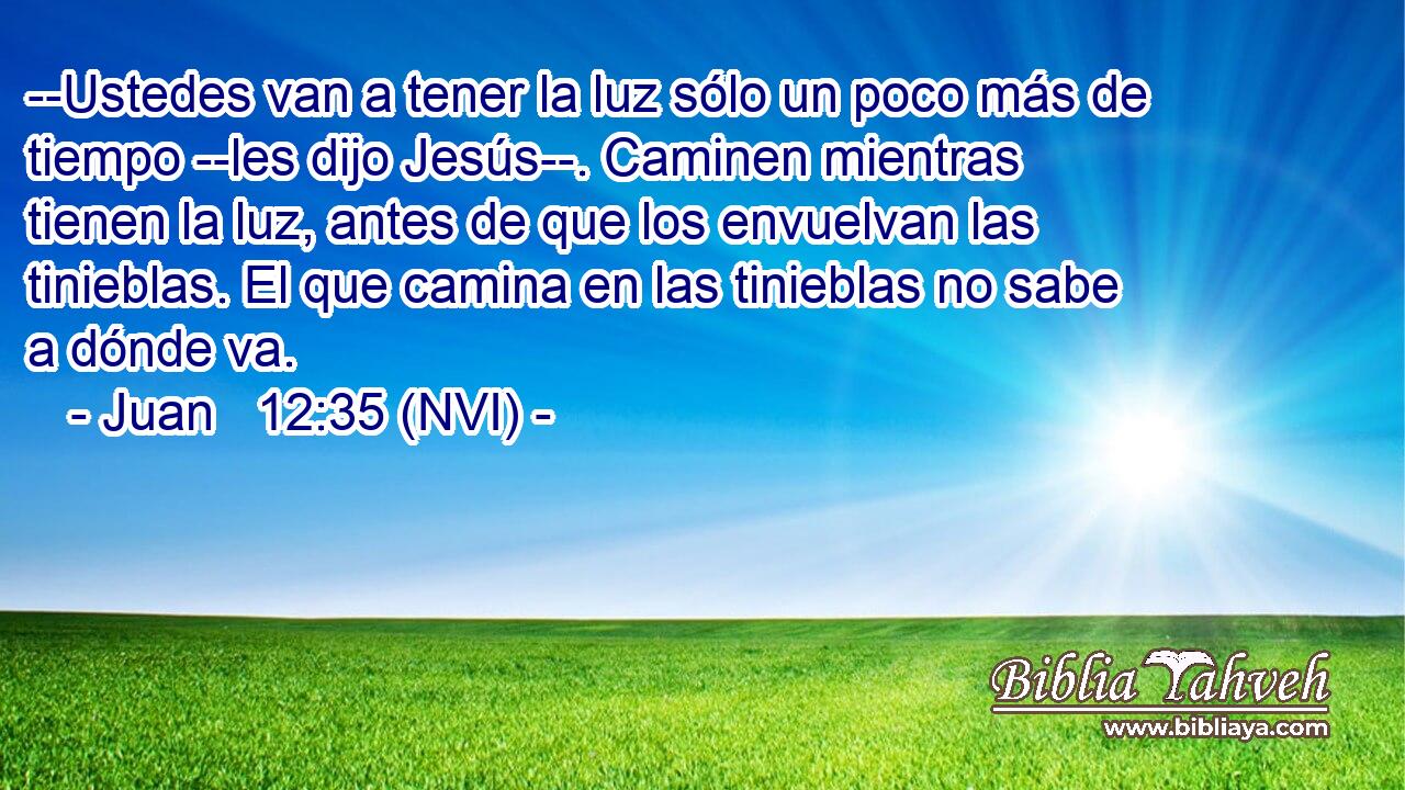  --Ustedes van a tener la luz sólo un poco más de tiempo --les dijo Jesús--. Caminen mientras tienen la luz, antes de que los envuelvan las tinieblas. El que camina en las tinieblas no sabe a dónde va. 