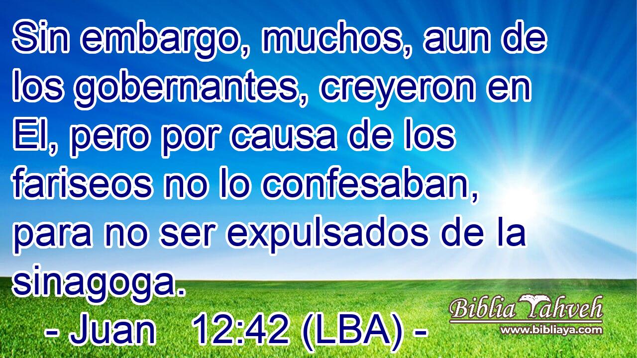 Sin embargo, muchos, aun de los gobernantes, creyeron en El, pero por causa de los fariseos no lo confesaban, para no ser expulsados de la sinagoga.