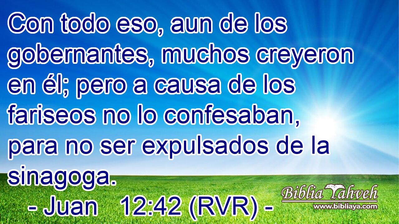 Con todo eso, aun de los gobernantes, muchos creyeron en él; pero a causa de los fariseos no lo confesaban, para no ser expulsados de la sinagoga.