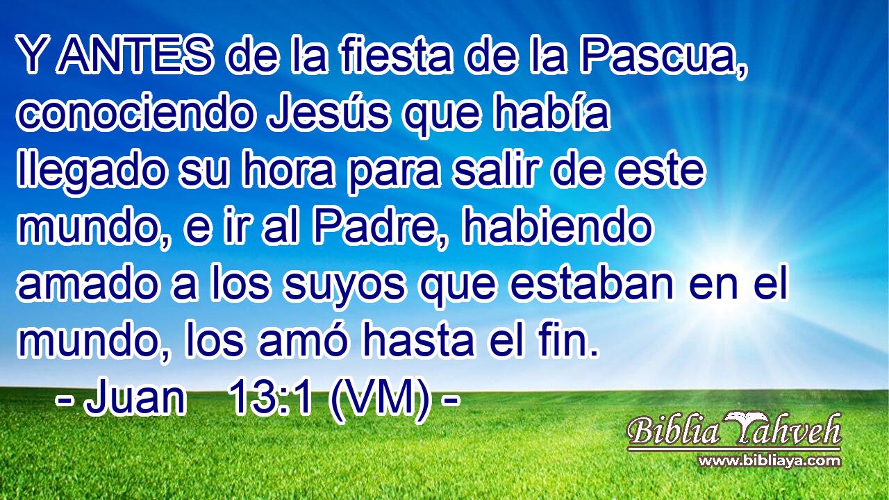  Y ANTES de la fiesta de la Pascua, conociendo Jesús que había llegado su hora para salir de este mundo, e ir al Padre, habiendo amado a los suyos que estaban en el mundo, los amó hasta el fin. 