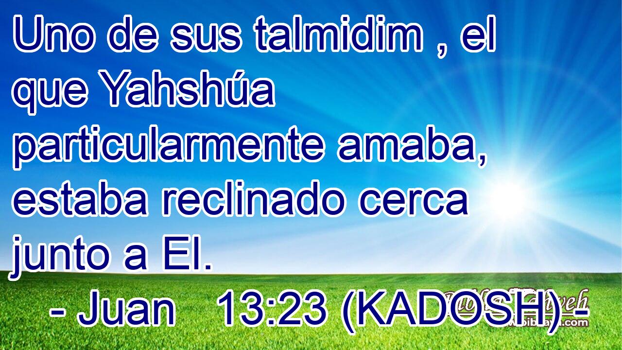  Uno de sus talmidim , el que Yahshúa particularmente amaba, estaba reclinado cerca junto a El. 